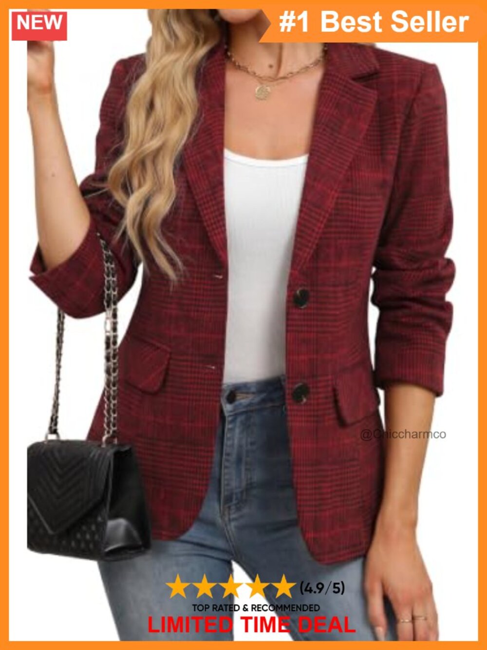 Plaid Blazer Business Casual Notch Collar Padded Shoulder Lined Work Jacket